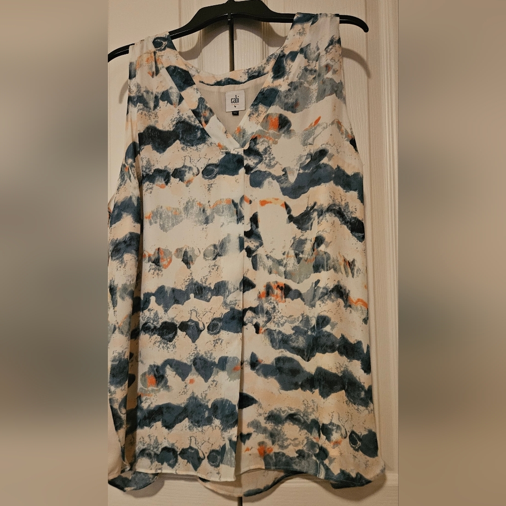 CAbi Cream Blouse with Blue & Orange Abstract Print